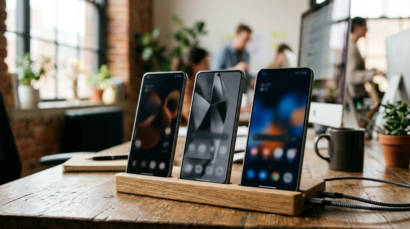 Several Android phones charging side by side on an office desk