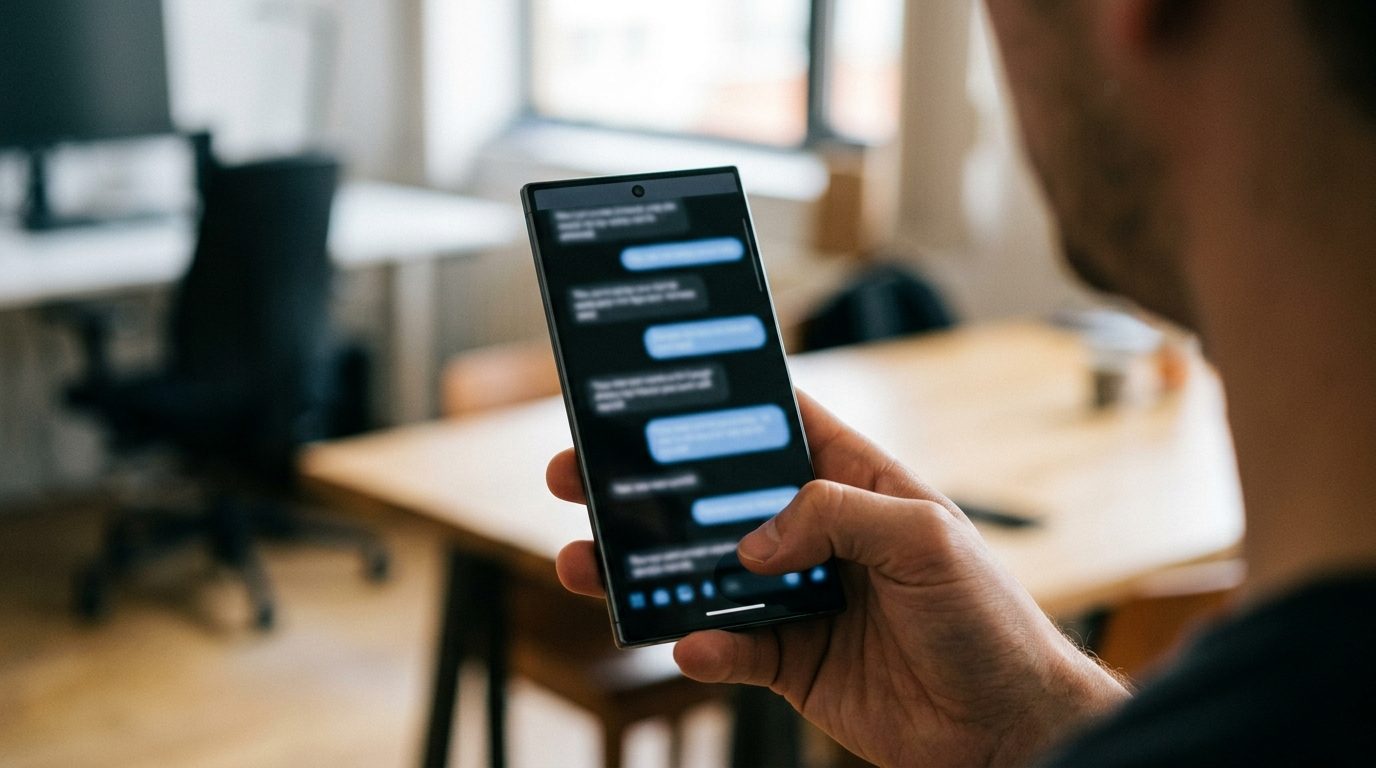 Hand holding an Android phone scrolling through a text message conversation